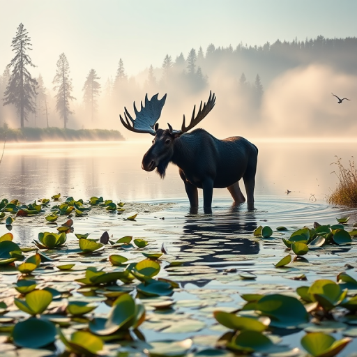 Create a serene landscape featuring a majestic moose standing in a tranquil lake surrounded by lily pads, early morning mist in the background, with a focus on soft sunlight filtering through the trees, captured with a DSLR camera at f/8 aperture, ISO 200, 50mm lens, with a shallow depth of field to emphasize the moose, in a high-resolution, realistic painting style.