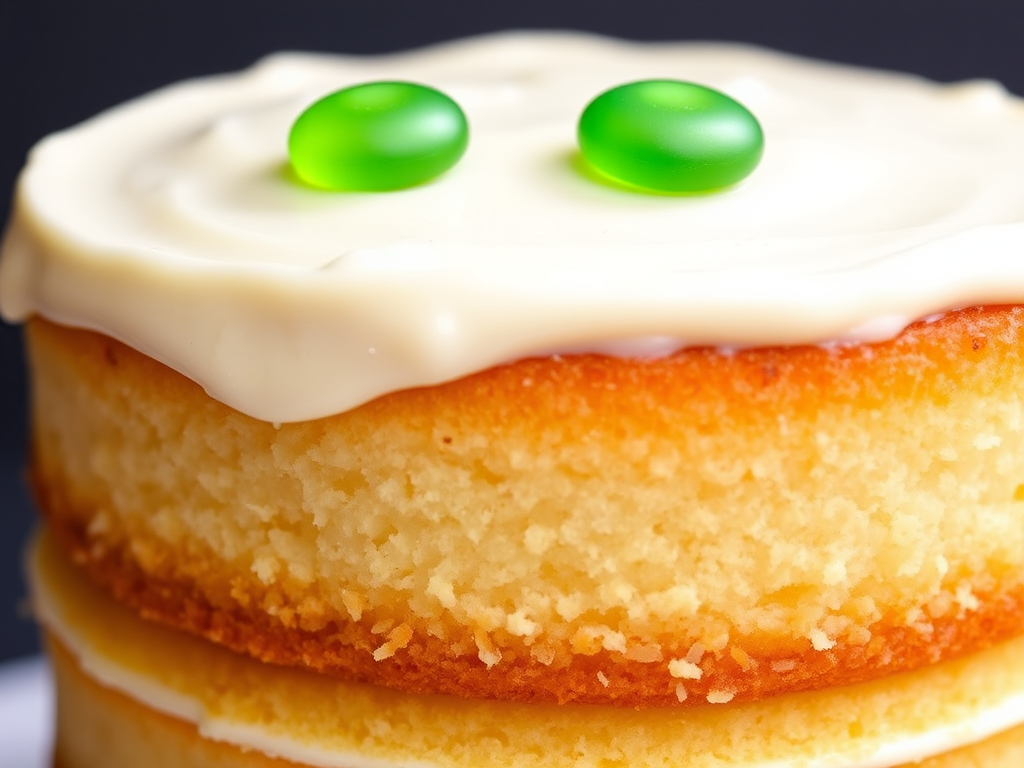 A close-up of a layered vanilla cake with smooth frosting on top and two green candy decorations on the surface, showing the texture of the cake and filling.