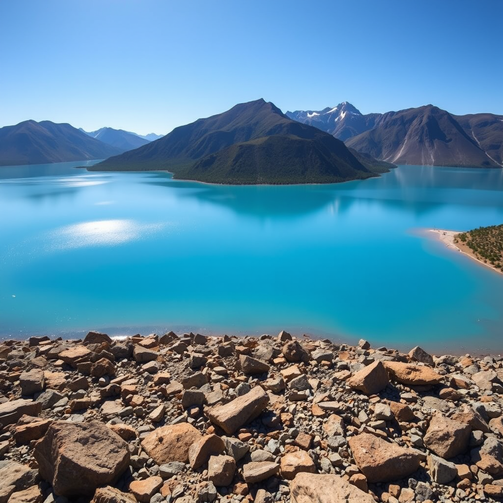 capture a serene landscape of a bright blue lake surrounded by mountains under a clear sky, emphasizing the contrast between the water and the rocky foreground, use a Canon EOS R5 with a 24-70mm f/2.8 lens, aperture set to f/8, ISO 100, and a shutter speed of 1/200s, shot from a wide-angle perspective to capture the expansive view and reflections on the water