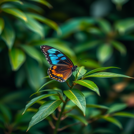 Generate an image of a colorful butterfly perched on green leaves with a blurred background of tropical foliage. The butterfly should have vibrant patterns in shades of blue, yellow, and black. The scene should convey a sense of tranquility and the beauty of nature.