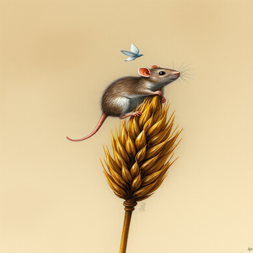 Soft, muted Alcohol Ink with ebru effect background image of tiny whimsical rat, who climbed high on the top of a golden rye ear.