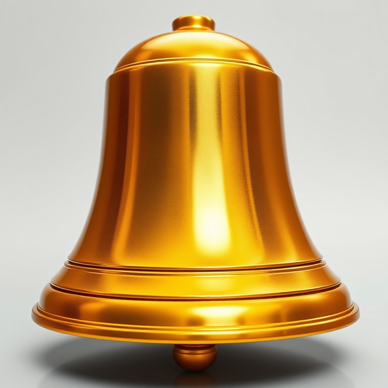 A high-resolution image of a golden bell with a glossy finish, captured with a DSLR camera, ISO 100, aperture f/2.8, shutter speed 1/200s, in a well-lit studio setting, with soft lighting to enhance reflections and details.