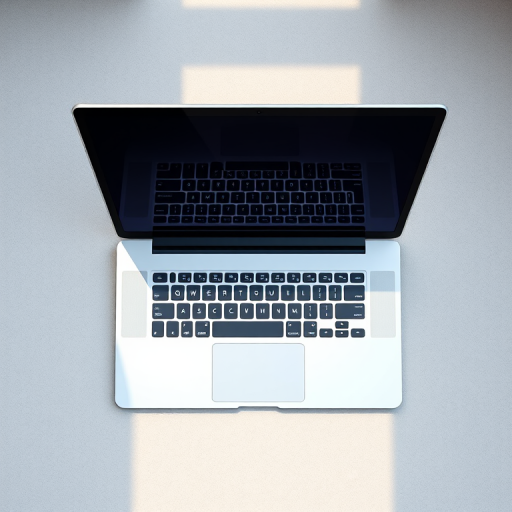Create a high-resolution image of a modern open laptop with a sleek design, 50mm lens, f/2.8 aperture, ISO 100, top-down view, natural lighting, digital illustration style.