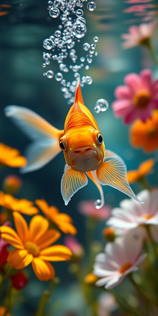a vibrant goldfish swimming through a crystal-clear underwater scene surrounded by colorful flowers with soft bubbles rising, captured with a Canon EOS R5, 85mm lens, f/1.8 aperture, 1/200s shutter speed, ISO 100, natural lighting, macro photography style.