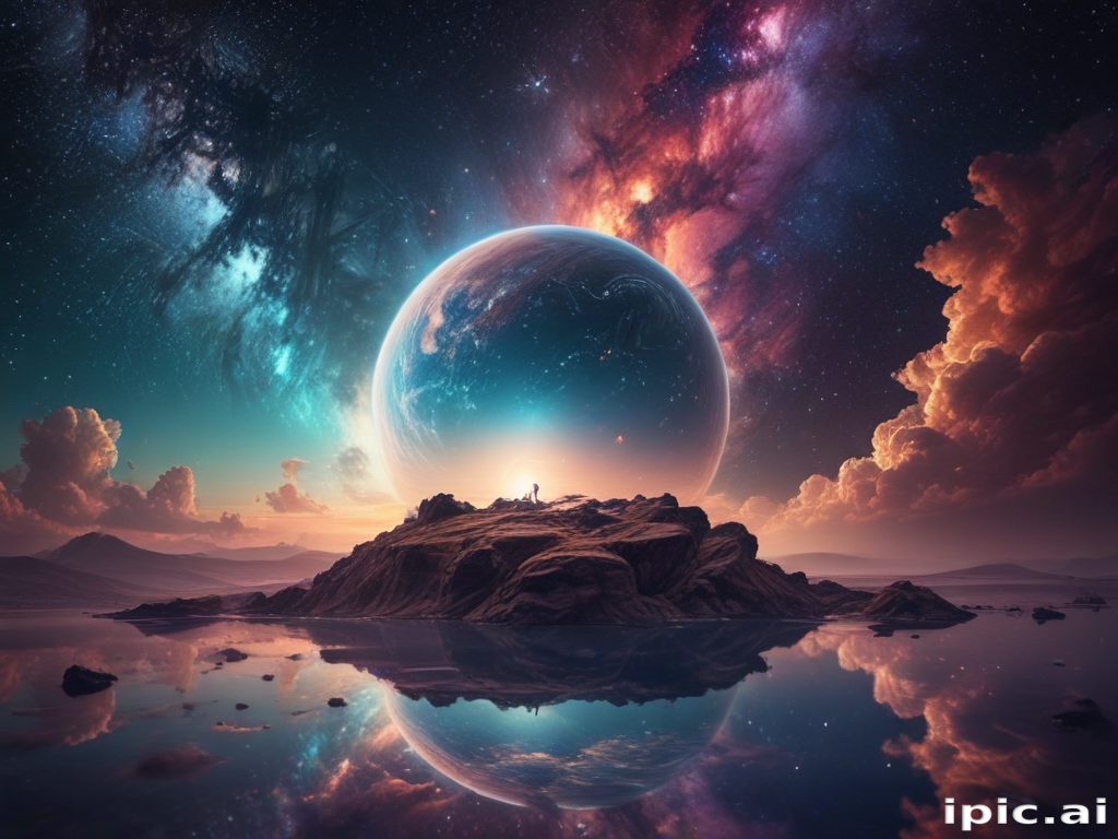 Majestic Cosmic Landscape with a Glowing Planet and Reflective Waters