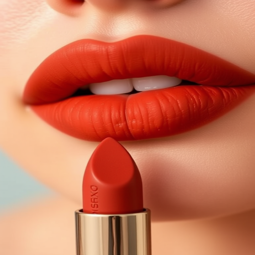 Rusty terracotta lips with a velvety matte texture and earthy undertones, dubbed "Desert Sunset Suede"