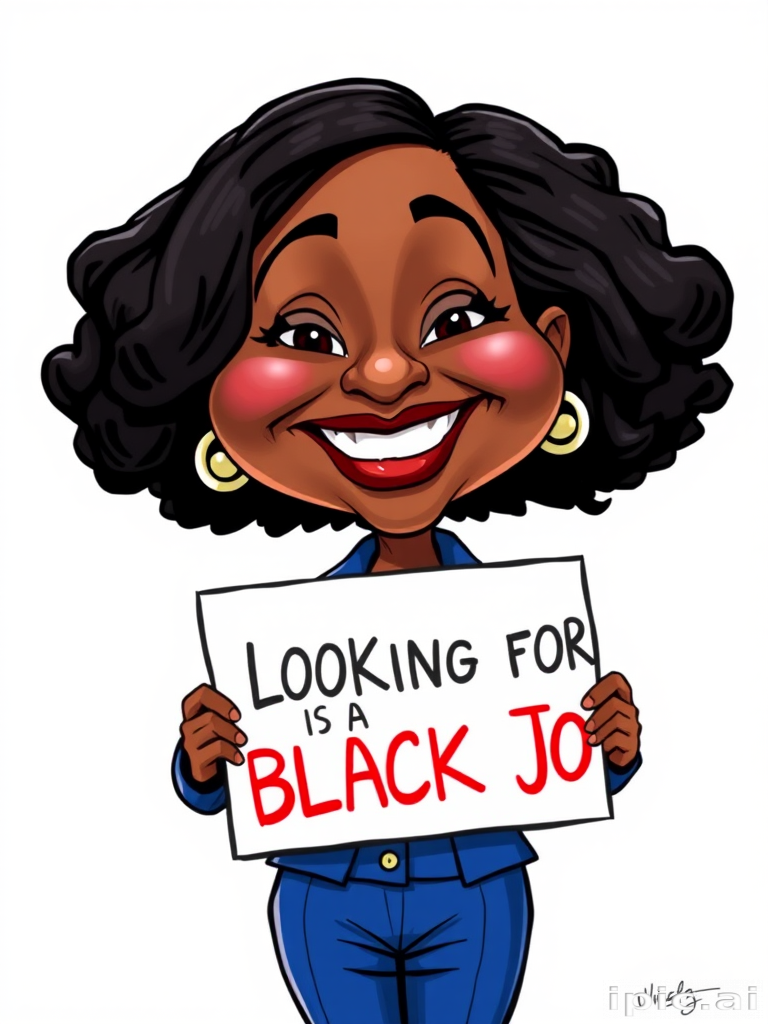CARICATURE OF A SMILING KAMALA HARRIS IN A BLUE PANTSUIT, HOLDING UP A SIGN THAT READS "LOOKING FOR A BLACK JOB