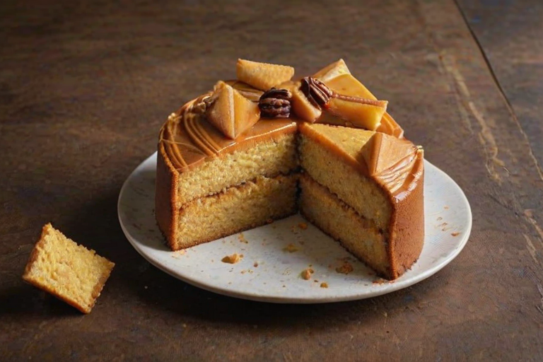 Generate an image of a freshly baked golden brown cake sliced into triangular pieces. The cake has a glossy top with a crisscross pattern and a few pieces are slightly separated from the main portion. The background features a rustic, textured surface.