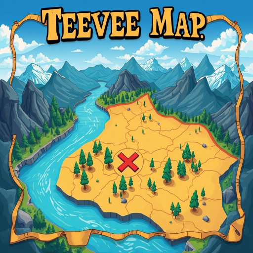 Regenerate a treasure map with a winding river, tree clusters, mountains, and a marked "X" in a cartoonish style, using a Canon EOS R5 with an aperture of f/4, shutter speed of 1/250s, ISO 100, wide-angle lens view for enhanced detail and vibrant colors.