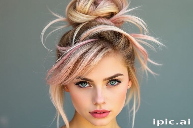 Trendy influencer showcasing a messy topknot with face-framing tendrils, featuring a rose gold base color with pastel pink highlights