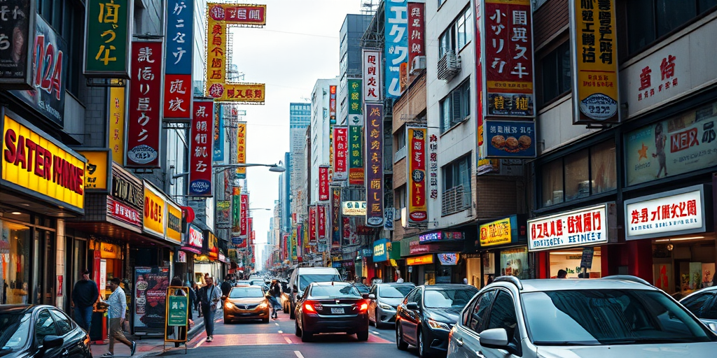 regenerate a vibrant urban street scene with colorful signage and bustling traffic, using a Canon EOS 5D Mark IV with a 50mm lens, aperture f/1.8, ISO 200, shutter speed 1/125 sec, shot from eye level for a dynamic perspective, applying a slightly blurred background to emphasize foreground details, focusing on enhancing colors and textures in a painterly style