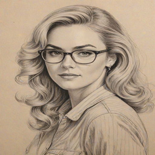 Captivating Laura Bell Bundy, pencil sketch, portrait of Appealing woman 1940s in glasses, hair style beatnik, outline, clear lines, fine lines, 8k