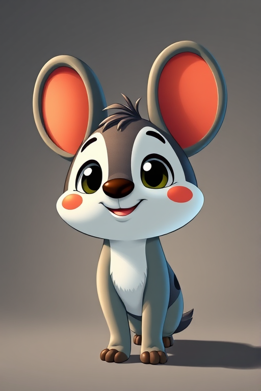 Create a high-resolution vector illustration of a stylized cartoon character with large circular ears and a friendly expression, captured with a Canon EOS R5, 50mm lens, f/2.8, ISO 100, in a studio setting with soft lighting to enhance depth and detail.