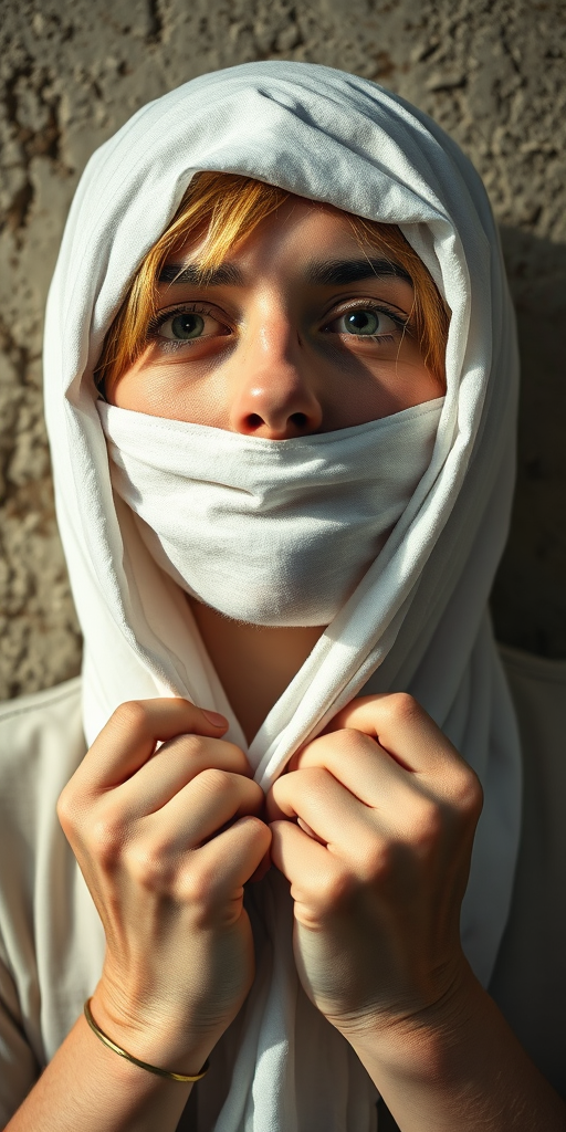Create a close-up photographic image of a Assyrian woman with light skin tones shown against an old, worn wall. Their head is wrapped in a white cloth covering (i.e.... parts of the head except the nose and mouth, which are open as if they are screaming...), with a slight texture and visible folds in the fabric. Thin strands of blonde hair escape from the wrapping above, falling lightly at the top and sides. Their hands hold the fabric as if they are tugging nervously. The lighting is dramatic and even, casting strong shadows. The image has a minimalist and surreal style with an emphasis on simplicity with soft color tones. The composition is centered.