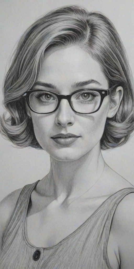 Enchanting Kristen Connolly, pencil sketch, portrait of Bewitching woman 1958s in glasses, hair style beatnik, outline, clear lines, fine lines, 8k