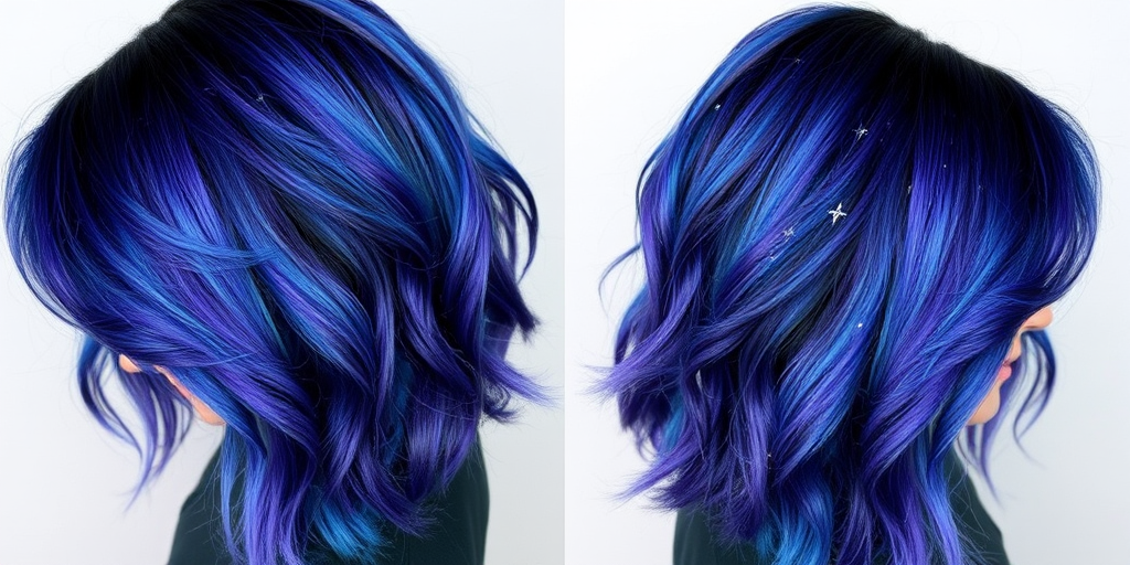 Mesmerizing galaxy-inspired hair color melding deep indigo, teal, and violet hues, styled by Nova Starlight, featuring a long shag cut with wispy bangs and star-shaped glitter accents scattered throughout