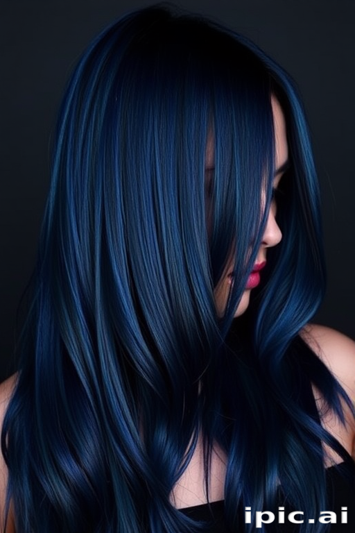 Mysterious midnight blue long layers, named "Starry Night," shimmer with iridescent undertones and a sleek, straight texture that catches the light