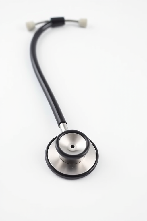 Create a hyper-realistic image of a black stethoscope on a white background, using a DSLR camera with a 50mm lens at f/1.8, ISO 100, shutter speed 1/200 sec, and soft natural lighting to enhance detail and clarity.
