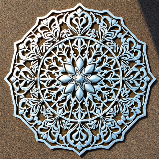 Create a high-resolution image of an intricate silver mandala design with a symmetrical pattern and delicate hearts integrated, using a DSLR camera set to f/2.8 aperture, ISO 100, and a 50mm lens at a top-down view in natural lighting.