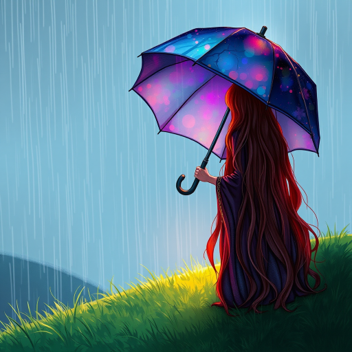 A surreal hand-drawn digital artwork depicting a mysterious red-haired woman standing on a grassy hill under the rain. She holds an umbrella crafted from iridescent zircon, its vibrant sheen contrasting with the soft, rainy atmosphere. The scene feels dreamlike, blending the natural elements of the hill and rain with the otherworldly shimmer of the umbrella.