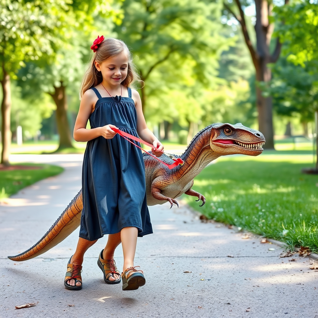12 year old girl in a dress walking her pet Velociraptor on a leash through a park
