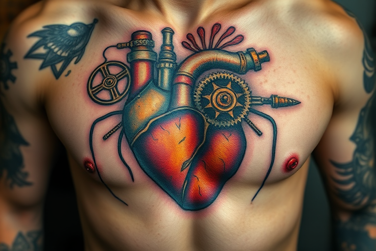 Steampunk-inspired tattoo of a mechanical heart on the chest, with gears, valves, and pipes in various metallic hues and rust effects