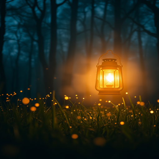 create a serene nighttime forest scene with a glowing lantern surrounded by fireflies in a misty meadow, capture with a Canon EOS R5 at f/2.8, ISO 200, 50mm lens, with a soft focus and high dynamic range to enhance the ethereal quality of the light and atmosphere.