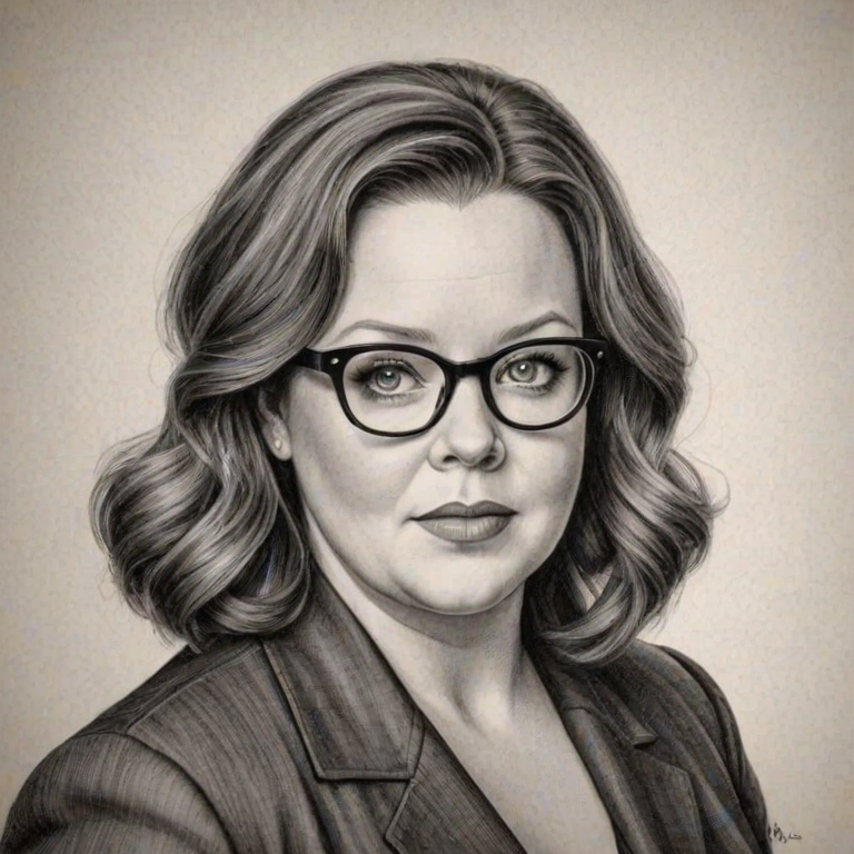 Lovely Melissa McCarthy, pencil sketch, portrait of Wonderful woman 1937s in glasses, hair style beatnik, outline, clear lines, fine lines, 8k