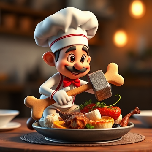 Create a 3D illustration of a cartoonish character with a chef hat, kneeling and using a large bone as a hammer on a gourmet dish, with a soft focus background, using a Canon EOS R5 camera at f/1.8, ISO 100, 1/500 sec shutter speed, in a well-lit studio setting for enhanced image quality.