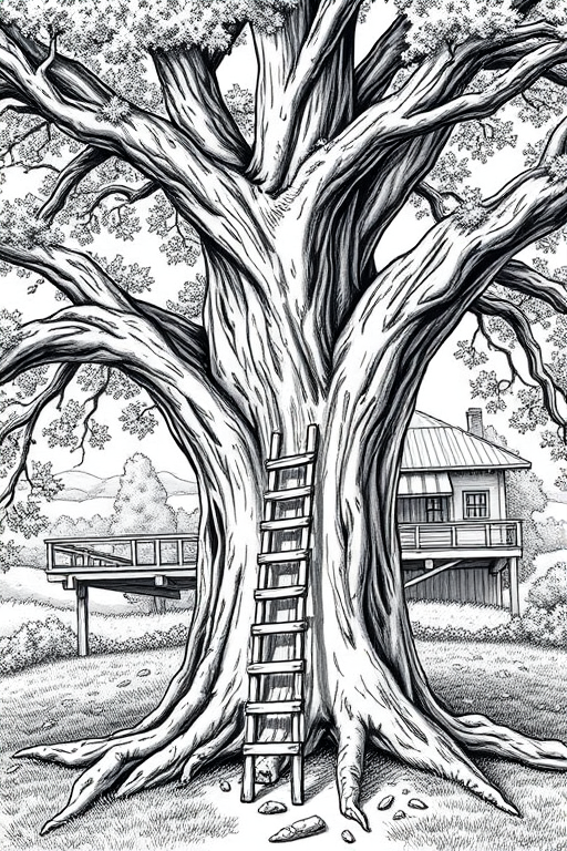 Create a detailed black and white illustration of a large tree with a treehouse, including a wooden ladder, surrounding greenery, and a house in the background, using a Canon EOS 5D Mark IV camera, f/8 aperture, 1/250 shutter speed, and ISO 100 for high clarity and sharpness.