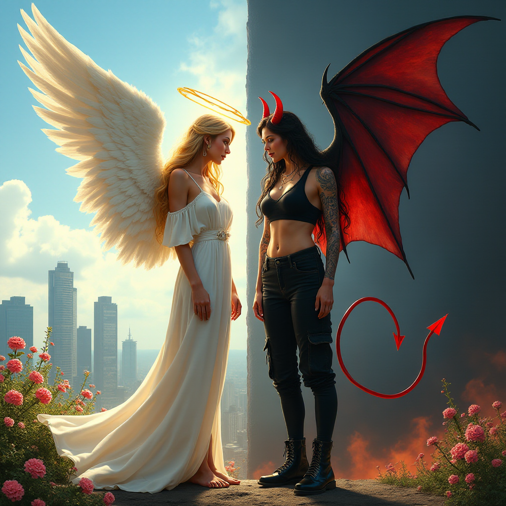 Create an image with a split composition, half representing an angel and half a demon. The angel is on the left, depicted with long, flowing blonde hair, a golden halo above her head, and wearing a white robe. She has large, feathered wings, and she's barefoot, standing amidst blooming flowers with a cityscape in the background under a clear blue sky with a few clouds. The demon is on the right, featuring long, wavy black and red hair, red horns on her head, and wearing a black crop top and black cargo pants. She has large, bat-like wings with red and black hues, and is wearing black combat boots. Her skin is adorned with tattoos. The background on the demon's side is dark and smoky, with hints of flames and a red tail curling behind her. Both figures stand back-to-back, creating a stark contrast between light and dark, good and evil.