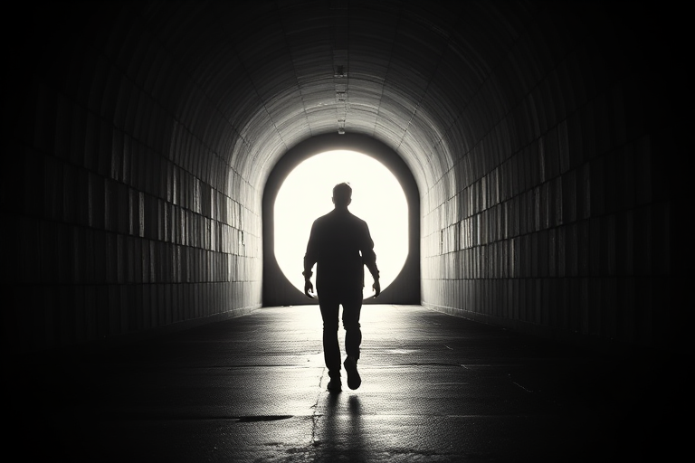 A silhouette of a person walking towards a bright light at the end of a dark tunnel, with a narrow perspective view, taken with a DSLR camera at f/1.8 aperture, ISO 400, shutter speed 1/50s, and a slight vignette effect for depth.