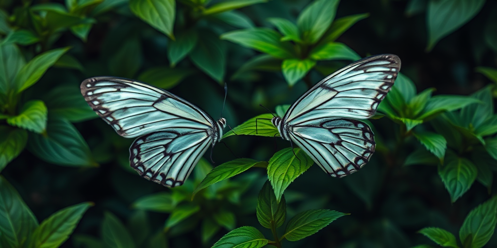 Generate an image of a butterfly with white wings featuring black stripes, perched on a green leaf amidst a lush, dark green background filled with foliage. The scene should convey a serene and natural atmosphere, highlighting the intricate details of the butterfly and the surrounding leaves.