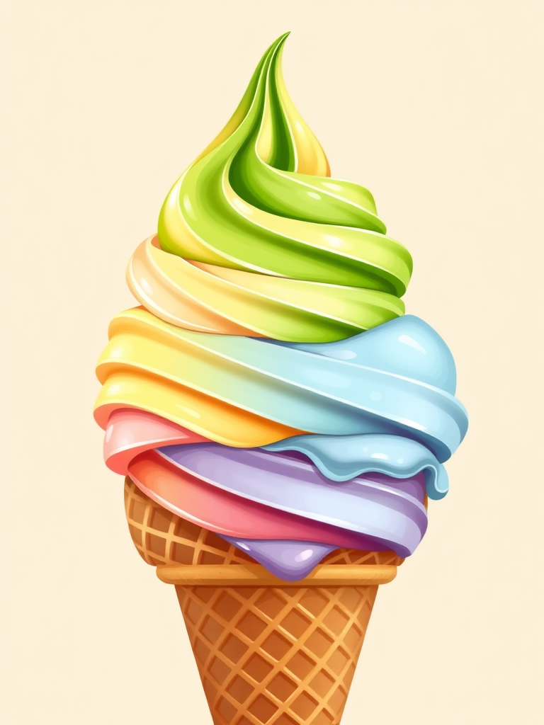 Create a vibrant illustration of a three-flavor ice cream cone topped with a green swirl against a light beige background, use a DSLR camera, f/2.8 aperture, 50mm lens, shoot from a slightly elevated angle, use soft natural lighting to enhance color saturation and detail.