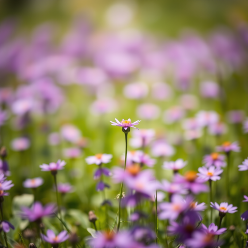 vibrant field of purple flowers, shallow depth of field, soft bokeh effect, taken with a DSLR camera at f/2.8, ISO 100, 50mm lens, natural light, vibrant colors, sunny day, focus on a single flower