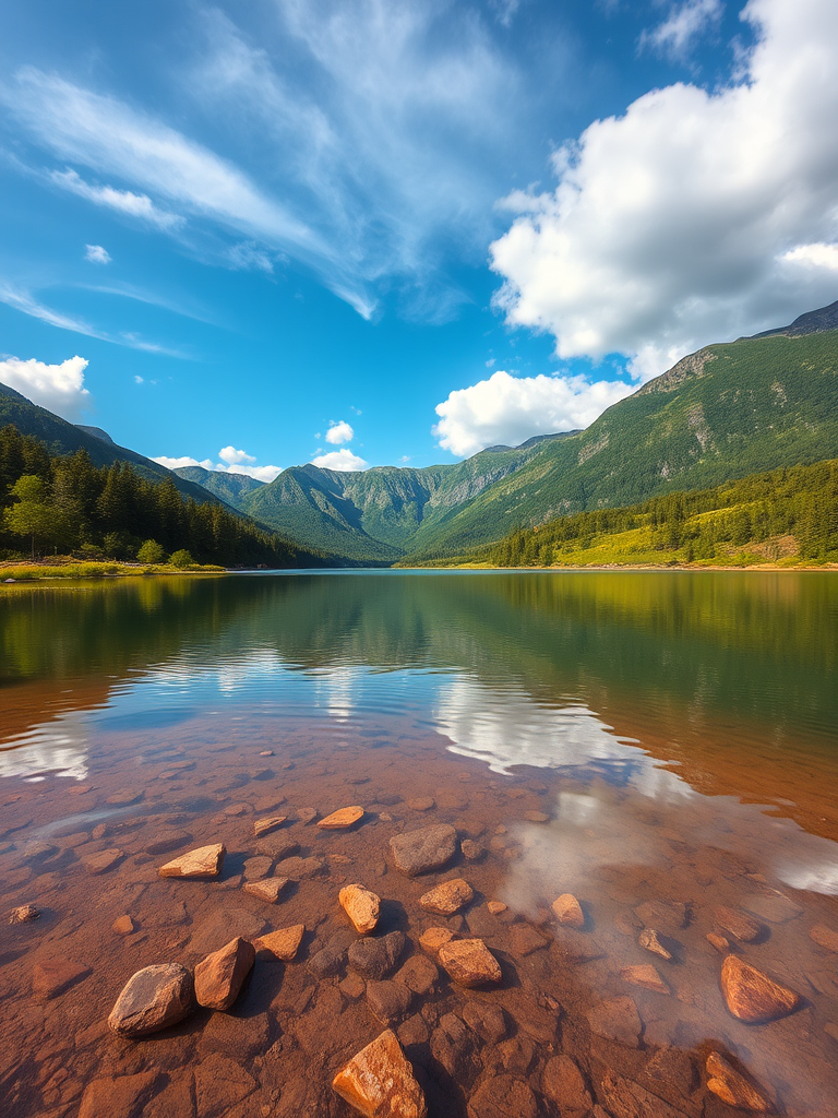 Create a high-resolution image of a serene landscape featuring a calm lake surrounded by lush greenery and mountains in the background, shot with a DSLR camera at 50mm, f/8 aperture, ISO 100, and a shutter speed of 1/125 sec, using a wide-angle view to capture the expansive scenery.
