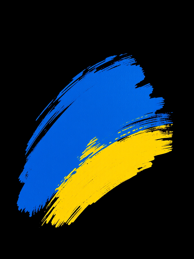 Create an artistic representation of the Ukrainian flag with vibrant blue and yellow brush strokes against a black background, shot with a DSLR camera, 50mm lens, f/1.8 aperture, ISO 100, and soft diffused lighting for enhanced texture and color depth.
