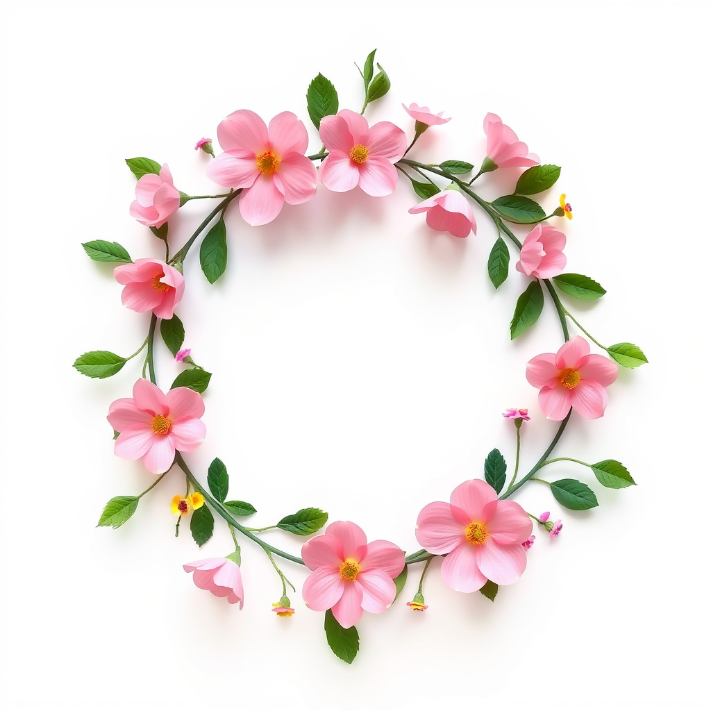 create a circular floral wreath design with pink flowers, green leaves, and small colorful accents on a white background