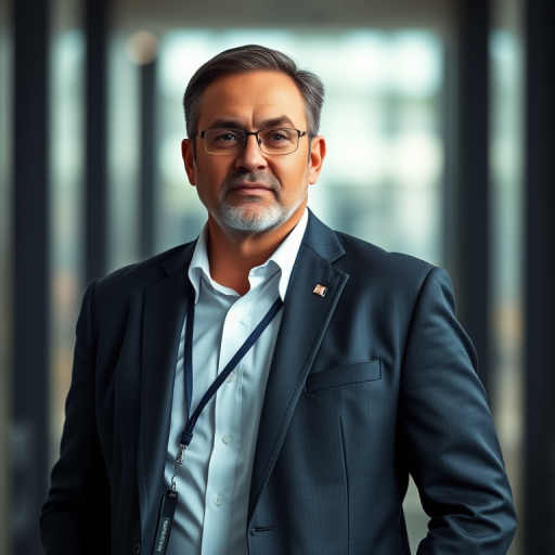 Create a high-resolution image of a businessman in a suit with a name tag, shot in portrait view, using a DSLR camera with a 50mm lens at f/1.8, ISO 100, and a soft-focus background to enhance clarity and sharpness.