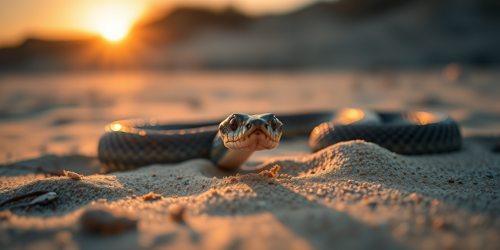 Capture a close-up of a snake on a sandy beach at sunset with soft golden light, using a DSLR camera with a 50mm lens, aperture f/1.8, ISO 100, and a low angle for a dramatic perspective.