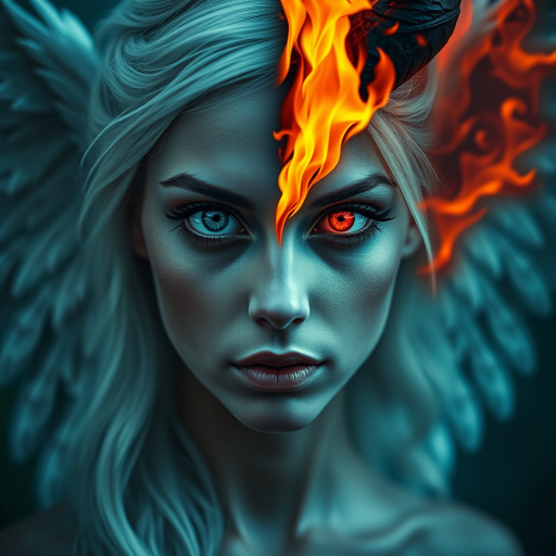 Misty Valley a close-up of a mysterious woman one half of her body and face is beautiful angelic appearance blue eyes white hair the other half of her body and face is demonic coal-black skin red eye and hair are burning with fire demonic horn on her back are wings corresponding to each part of the body. Dark atmosphere cinematic masterpiece clear focus