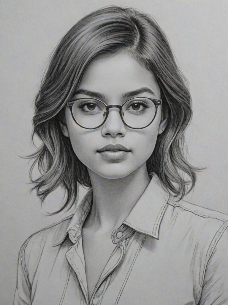 Superb Isabela Moner, pencil sketch, portrait of Superb woman 1977s in glasses, hair style beatnik, outline, clear lines, fine lines, 8k