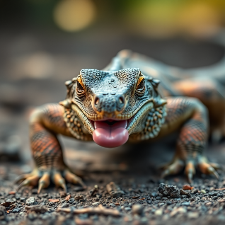 Create a detailed close-up of a Komodo dragon crawling towards the camera with its tongue out, using a shallow depth of field to blur the background, taken with a DSLR camera at f/2.8, ISO 200, 1/400s, in natural light for enhanced colors and textures.