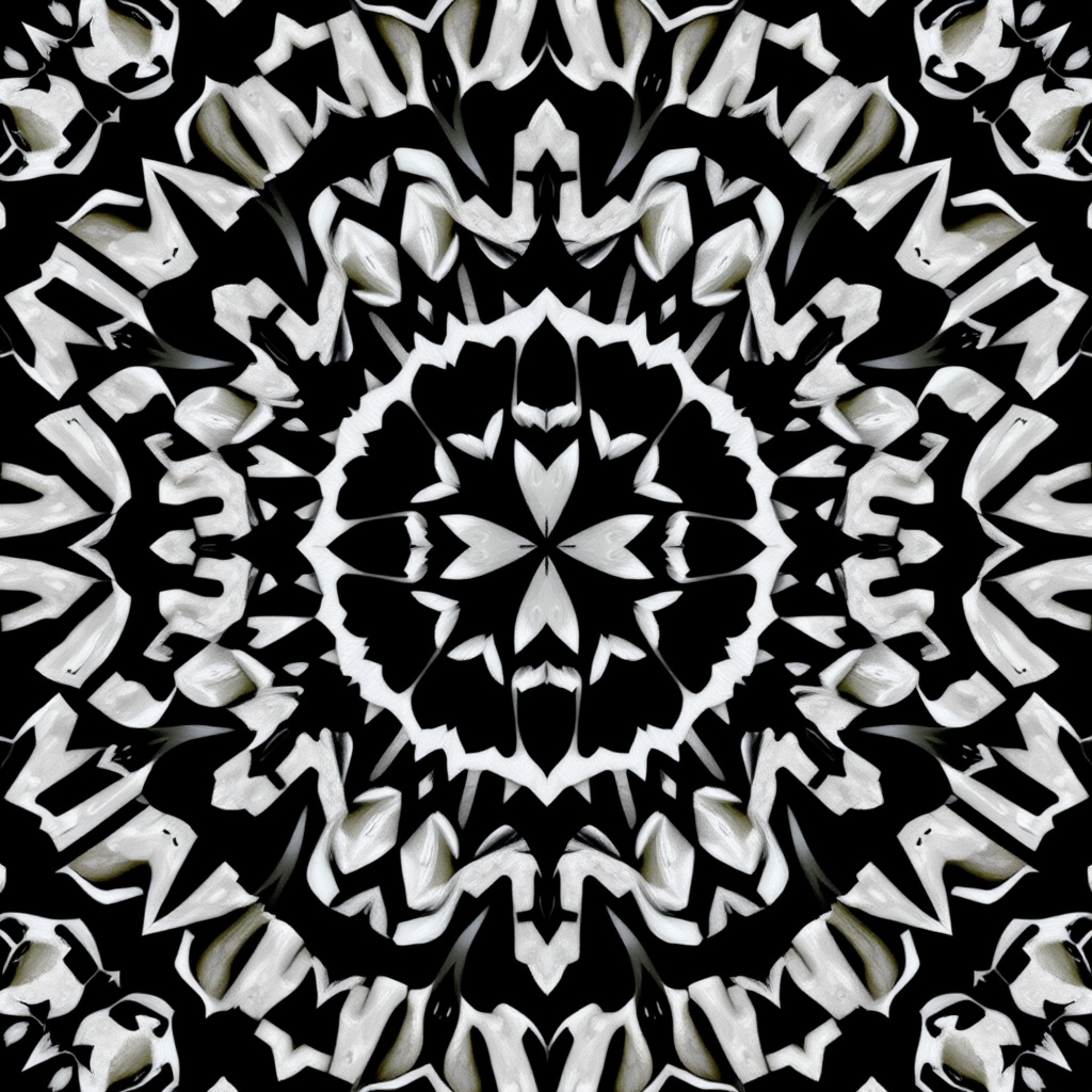 Generate an abstract black and white pattern with intricate geometric shapes using a DSLR camera at f/8, ISO 100, and a 50mm lens, shot from a top-down view in natural light, focusing on high contrast and sharp details.