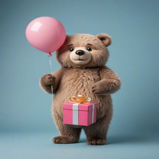 a cute cartoon character resembling a fluffy bear holding a pink balloon in one hand and a gift box in the other, with a plain blue background