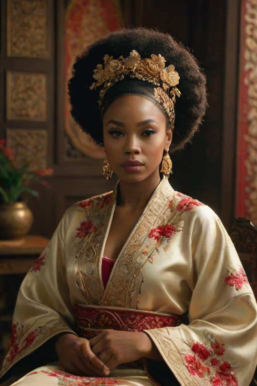 A beautiful Afro-Caribbean woman in traditional East Asian attire, intricately detailed with embroidered patterns, sitting gracefully in a richly decorated room, soft ambient lighting, serene and elegant, ultra-realistic, 8K resolution