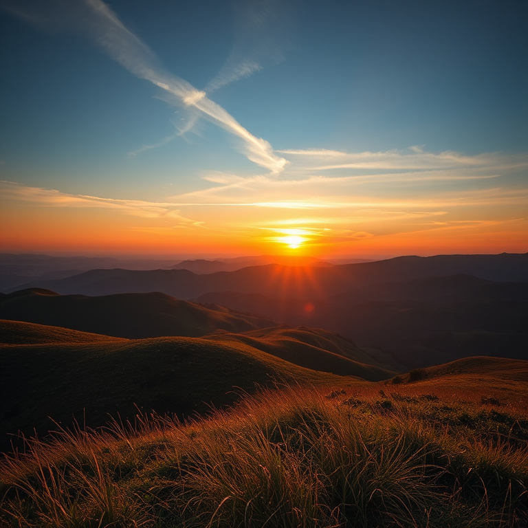 Create a high-resolution image of a serene landscape featuring rolling hills and a sunset, captured with a Canon EOS R5, 24-70mm lens at f/8, ISO 100, 1/250 sec, using a wide-angle view to enhance depth and detail.