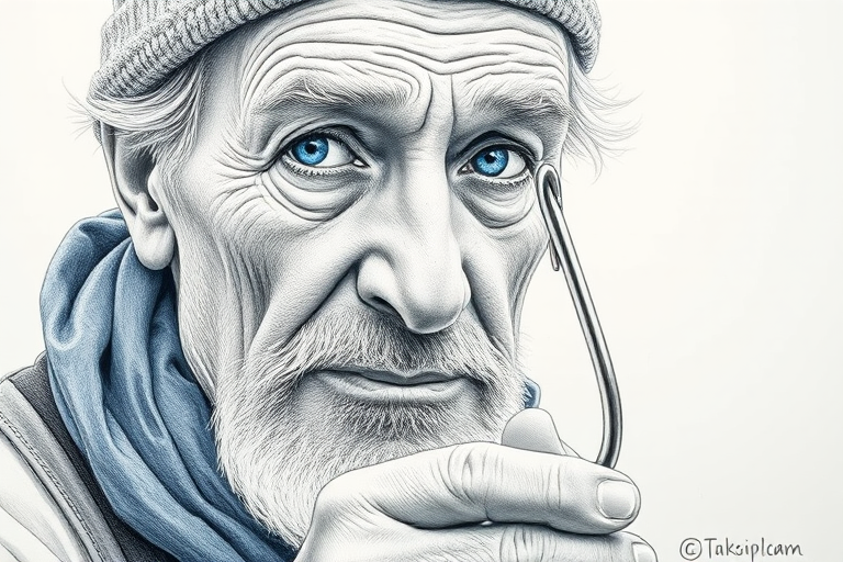 A hyper-detailed black and white pencil sketch of an old Ligurian fisherman with a face worn by the sun and sea, deep sapphire blue eyes and a blue handkerchief around his neck, holding a large silver fish hook in his hand with a macro focus on the hook facing forward.
