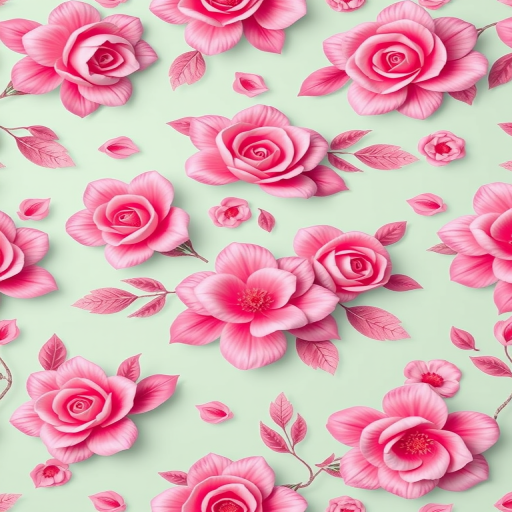create a seamless floral pattern with pink swirls on a light mint background, using a Canon EOS 5D Mark IV, 50mm lens, f/2.8 aperture, ISO 100, soft lighting, and a top-down view to enhance detail and color vibrancy.