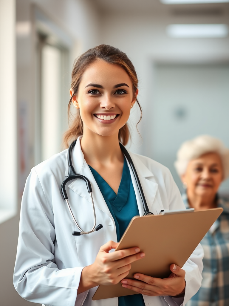 a young female doctor smiling with a clipboard in a hospital setting with an older female patient behind her, soft natural lighting, shallow depth of field, f/2.8 aperture, ISO 100, 50mm lens, DSLR camera, portrait orientation